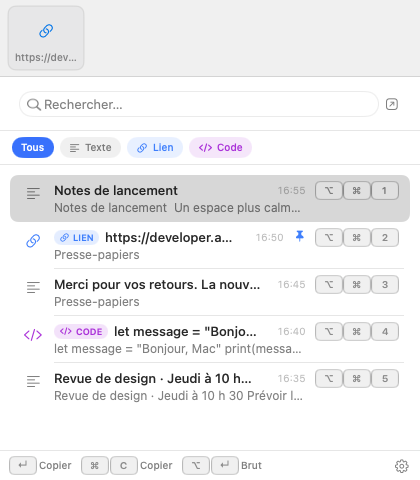 La palette compacte de Klypto avec recherche et liste des copies.