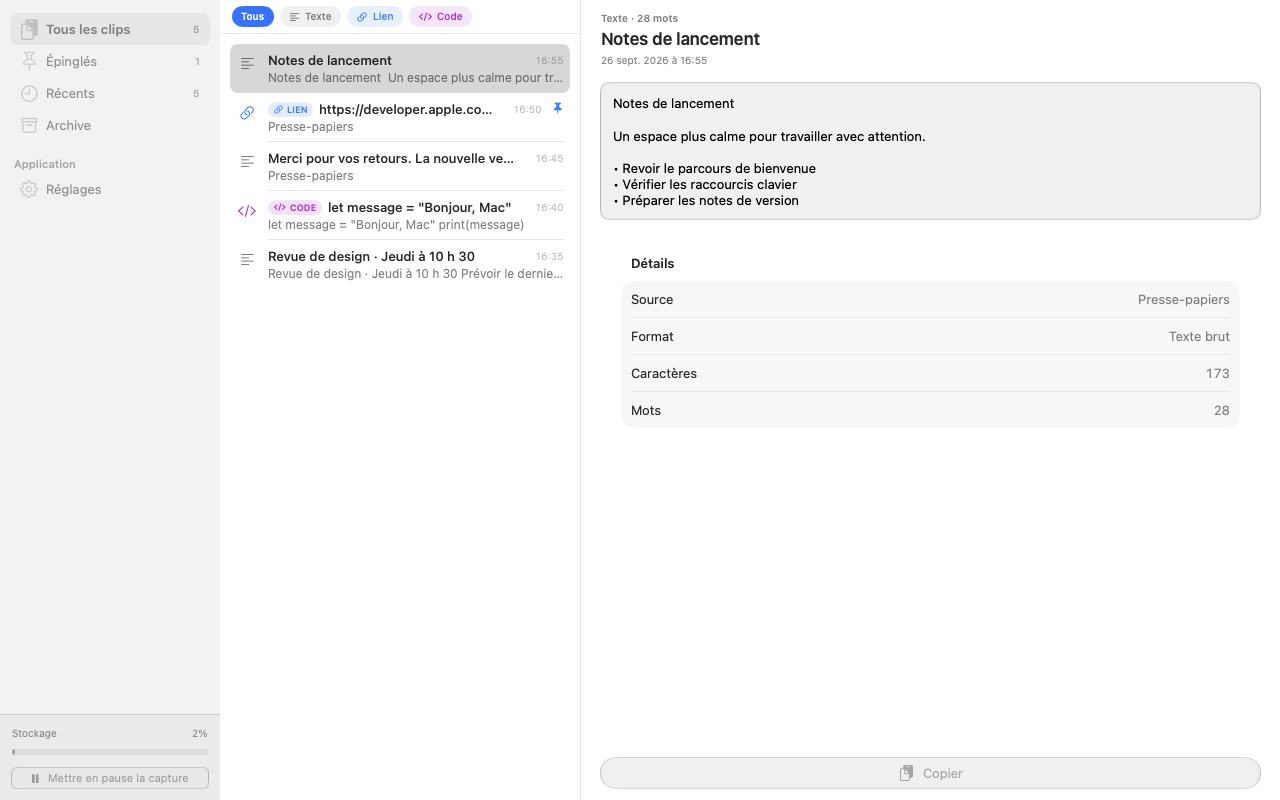 Vue de Klypto : liste des clips, navigation et lecture d’une note de lancement.
